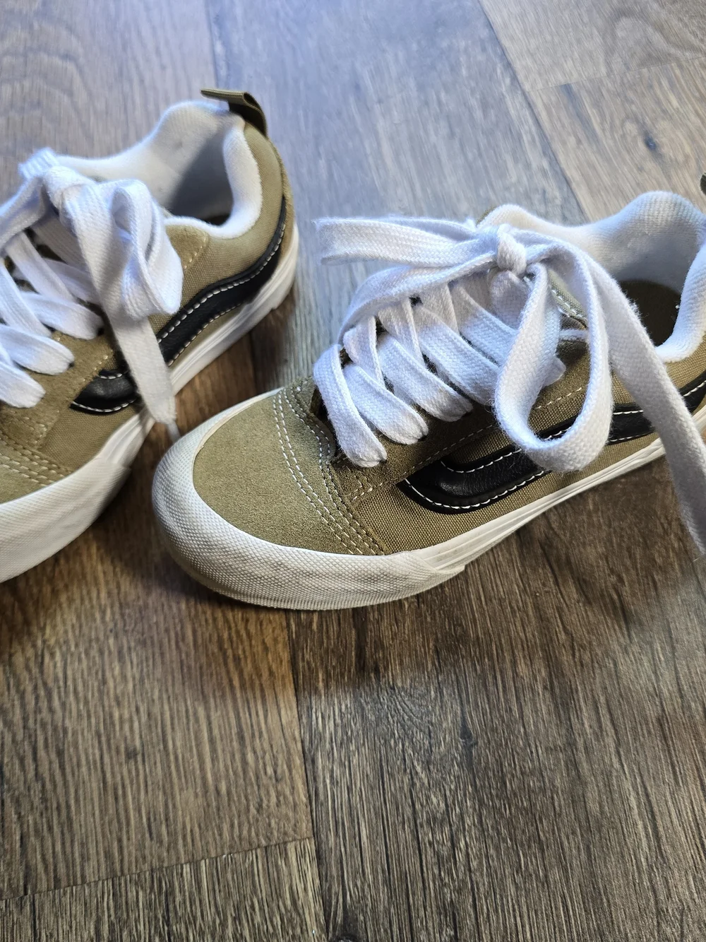 Vans Knu Skool Kids Olive Green Canvas Sneakers with White Laces
